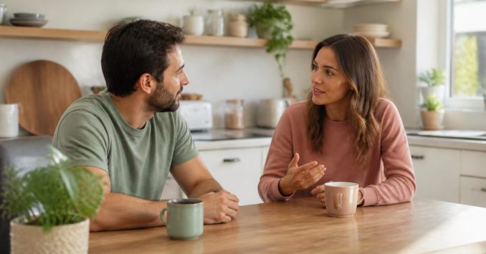 Adult couple having a calm attentive conversation at a kitchen table
