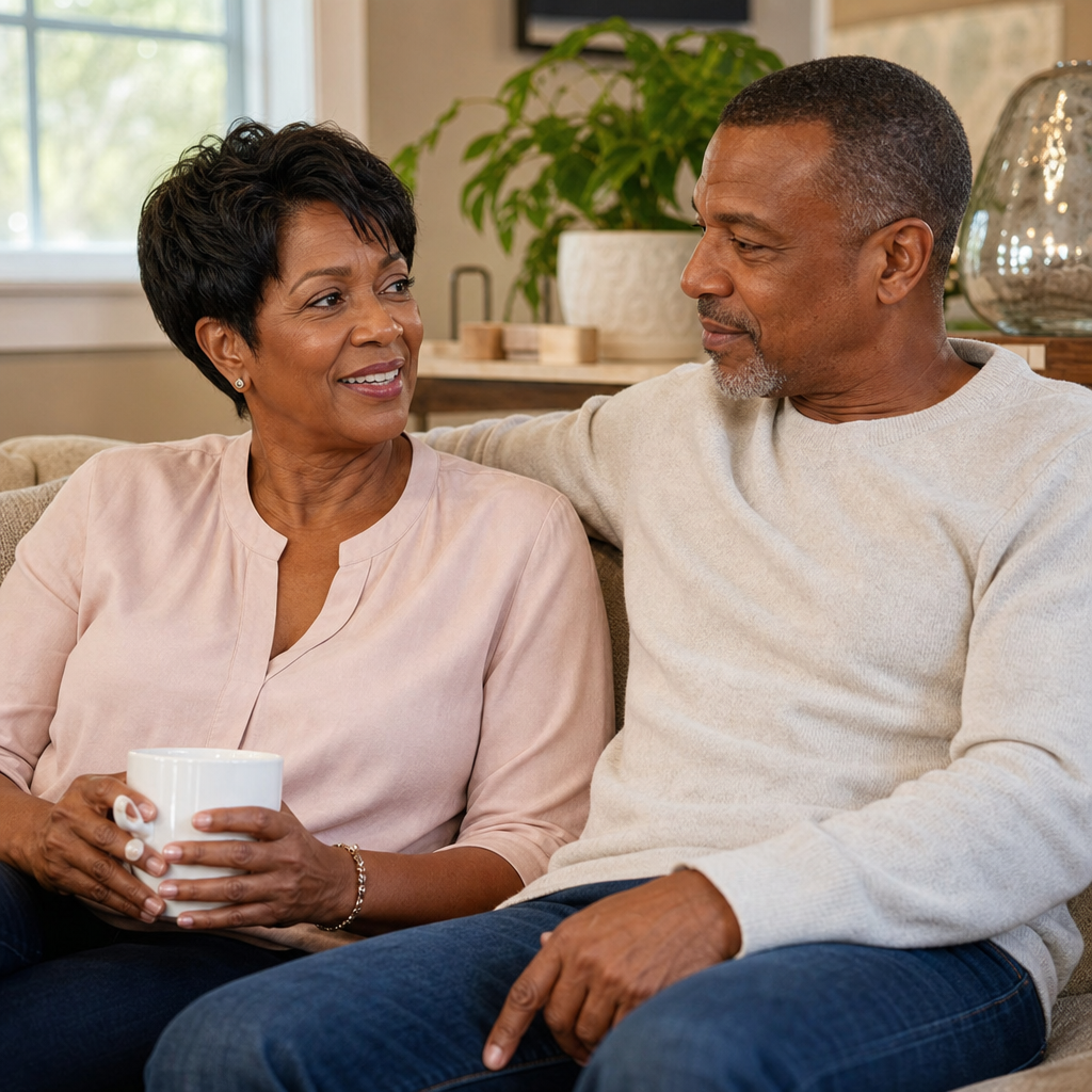 Mature couple sharing a relaxed affectionate moment at home