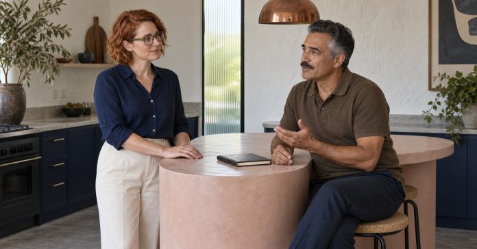 A calm conversation at a pink kitchen island A woman in her forties and a man in his fifties having a calm conversation beside a curved pink kitchen island.