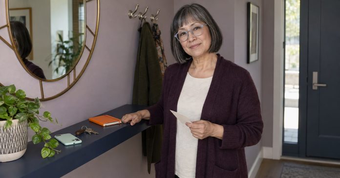 A woman in her fifties pausing beside an entryway shelf with a small reminder card and a modern smartphone resting nearby.