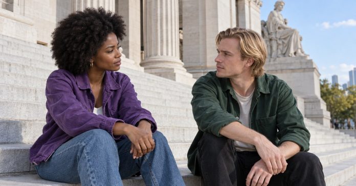 Two adults having a thoughtful conversation on outdoor museum steps