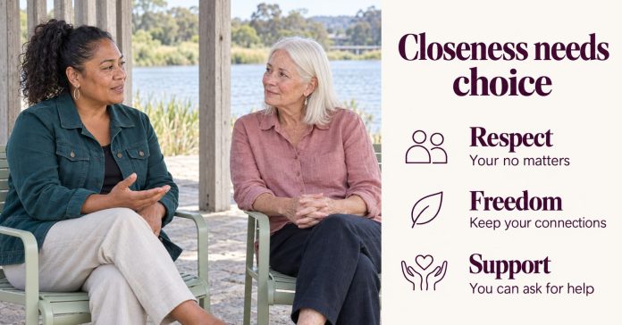 Two women in their forties and sixties talking beside a river, with a guide to respect, freedom and asking for support.