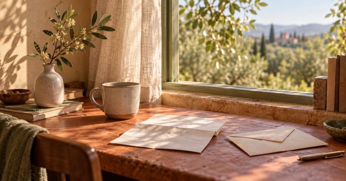 An unsent letter beside a closed envelope and a cup on a warm terracotta writing desk by a window.
