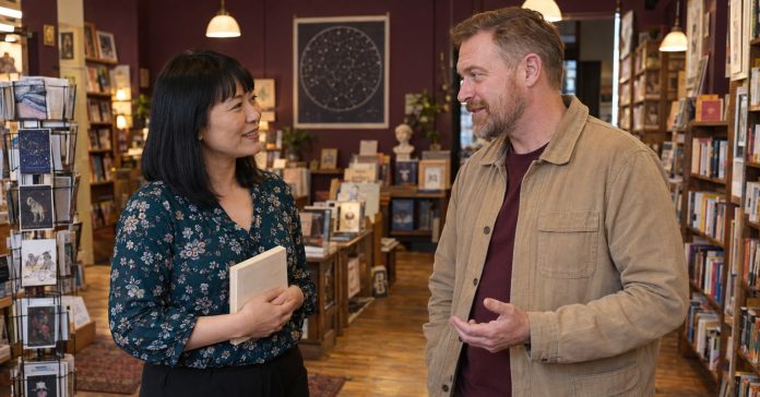 Two adults in their forties talking beside book displays in an independent bookshop.