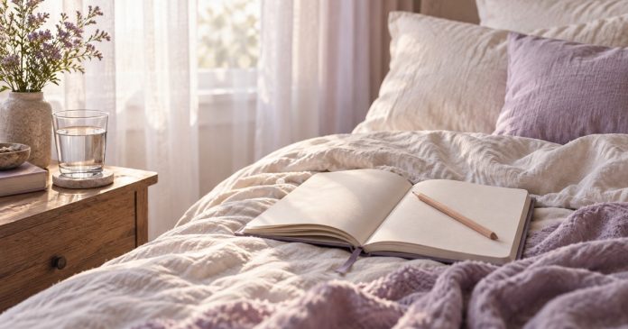 Open blank journal and pencil on a bed beside a glass of water in morning light.