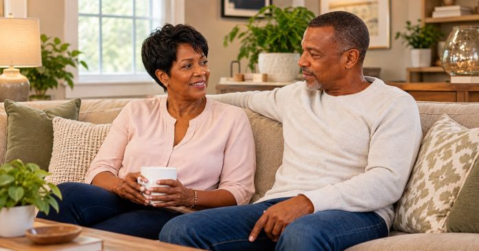 A mature couple enjoying a quiet conversation together on a sofa.