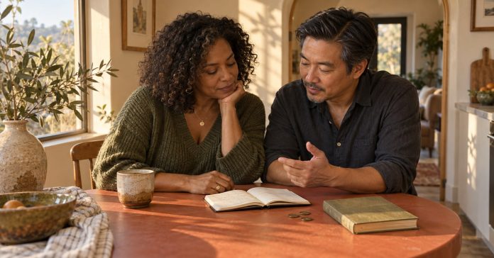 Two adults consider a notebook together at a sunlit table.