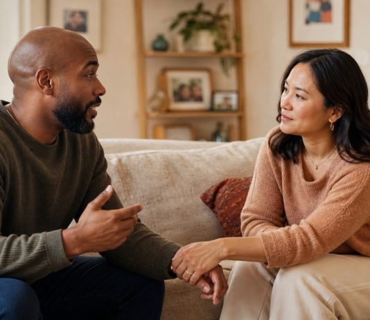 Interracial Couples and Building Stronger Relationships Interracial couple having a warm, attentive conversation together at home