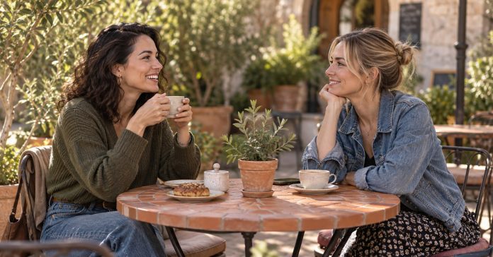 Two adult women talking over coffee at a quiet outdoor café.