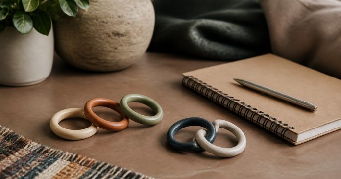 Abstract rings and notebook representing monogamy and polyamory relationship agreements