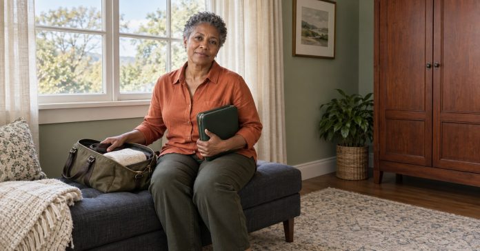 Planning personal essentials by a window A woman in her fifties sitting by a window with a small travel bag and a green document organizer.