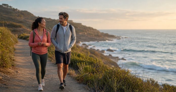 Couple discussing compatibility while walking on a coastal path