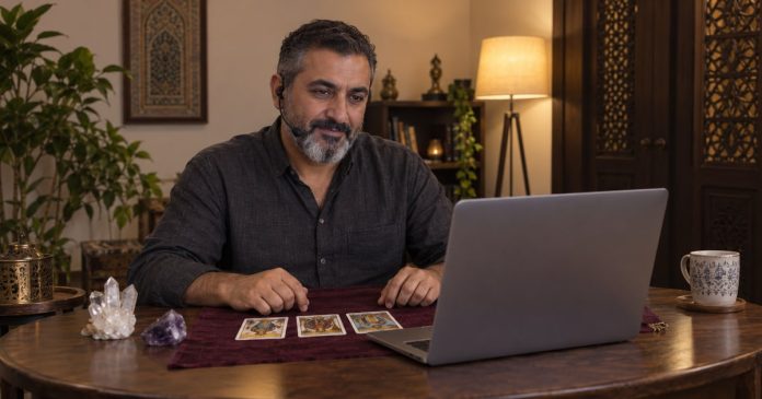Illustrative psychic reader wearing a headset and looking at a laptop, with tarot cards and crystals on his desk.