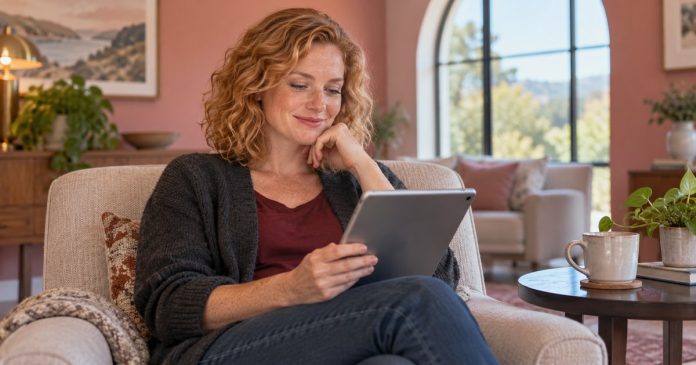 Woman reflecting while reading a tablet in a comfortable living room.