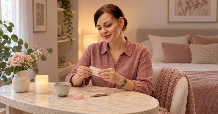 A woman folding a personal intention paper beside tea, rose quartz and a flameless candle.