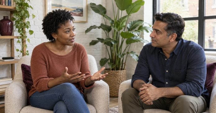 An adult couple having a calm conversation in separate armchairs.