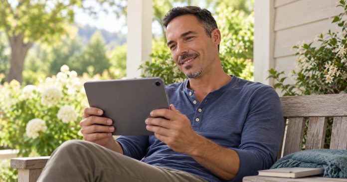 A man smiling at a landscape tablet while sitting on a wooden garden bench with a notebook beside him.