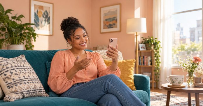 Woman using a smartphone for a video call in a bright living room.